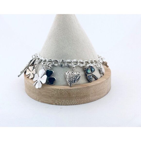 Estate Lucky Charm Bracelet 8.25” 925 Sterling Silver Irish Heart Clover Charms - Picture 2 of 8